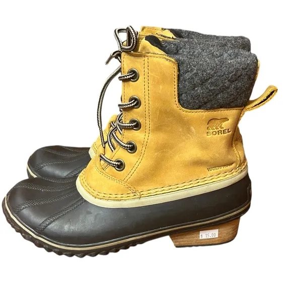Sorel Slimpack II Lace Winter Boots Womens Size 8.5  Leather Elk Black/Tan