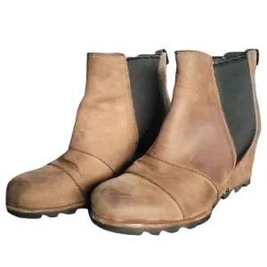 Sorel Womens Lea Ankle Boots Brown Black Wedge Heels Leather Cap Toe 10.5