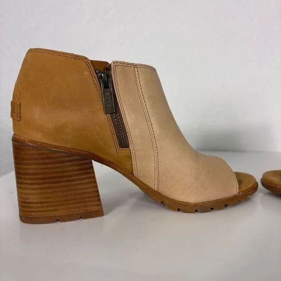 Sorel Nadia Tan Colorblock Ankle Block Heel Open Toe Sandals Size 10