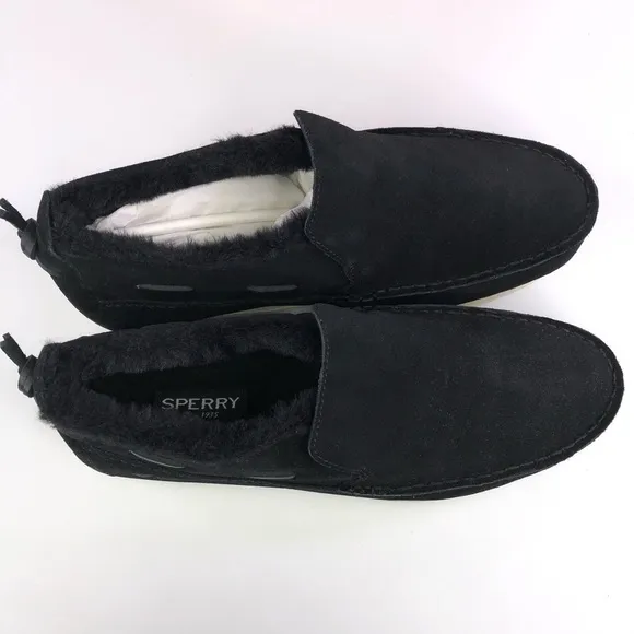 Sperry Mens Moc Sider Black Suede Lined Slip on Boots Shoes STS23724