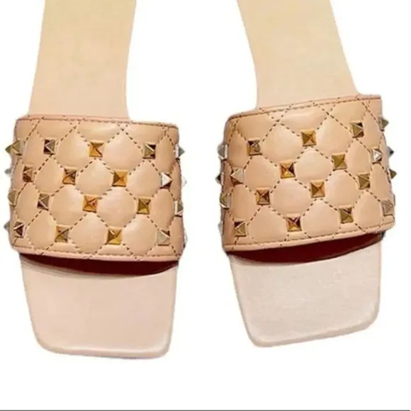 Square Toe Quilted Studded Beige Sandals Size 9.5