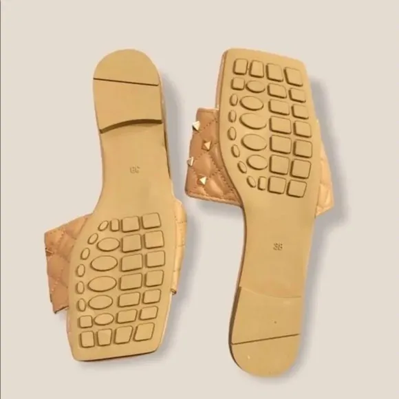Square Toe Quilted Studded Beige Sandals Size 9.5