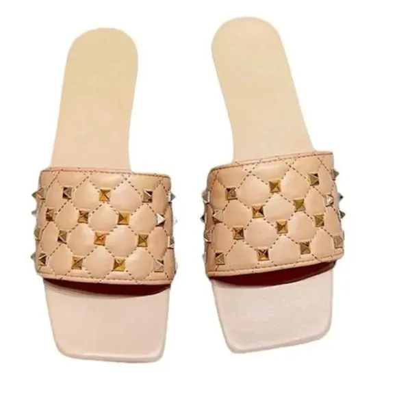 Square Toe Quilted Studded Beige Sandals Size 9.5