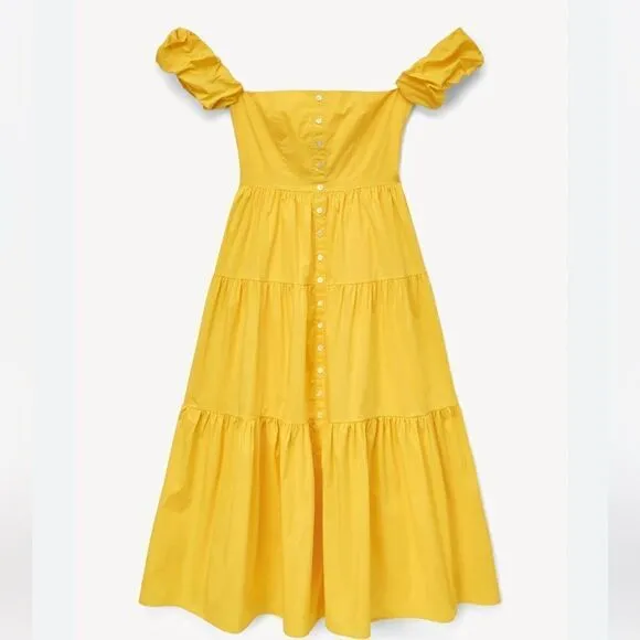 STAUD Elio Cotton Poplin Off-The-Shoulder Midi Dress Yellow size 2