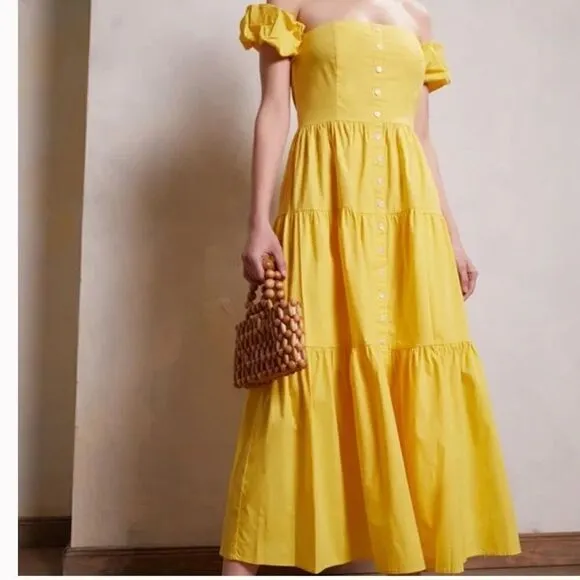 STAUD Elio Cotton Poplin Off-The-Shoulder Midi Dress Yellow size 2