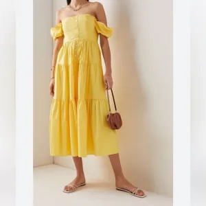 STAUD Elio Cotton Poplin Off-The-Shoulder Midi Dress Yellow size 2