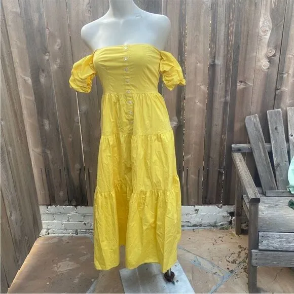 STAUD Elio Cotton Poplin Off-The-Shoulder Midi Dress Yellow size 2