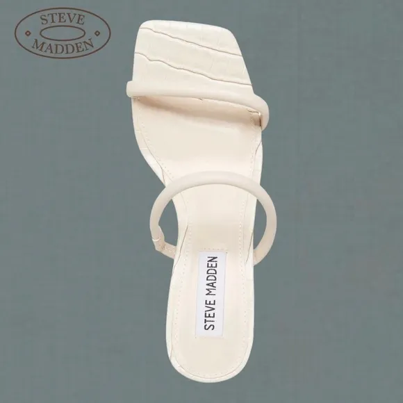 STEVE MADDEN Lilah Slim Strap Faux Croc-Embossed Block Heel Sandals-Bone NWT/10M