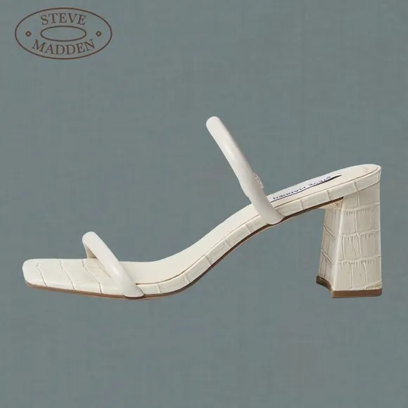 STEVE MADDEN Lilah Slim Strap Faux Croc-Embossed Block Heel Sandals-Bone NWT/10M