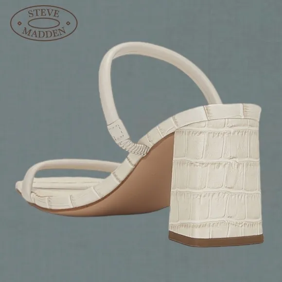 STEVE MADDEN Lilah Slim Strap Faux Croc-Embossed Block Heel Sandals-Bone NWT/10M