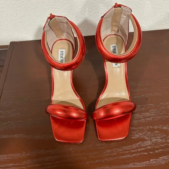 Steve Madden Partay Red Metallic Heels Square Toe Sandals Size 7.5