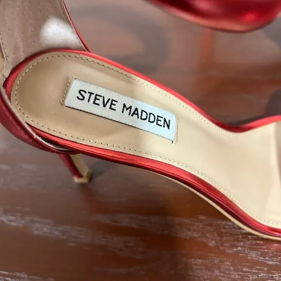 Steve Madden Partay Red Metallic Heels Square Toe Sandals Size 7.5