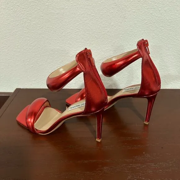Steve Madden Partay Red Metallic Heels Square Toe Sandals Size 7.5