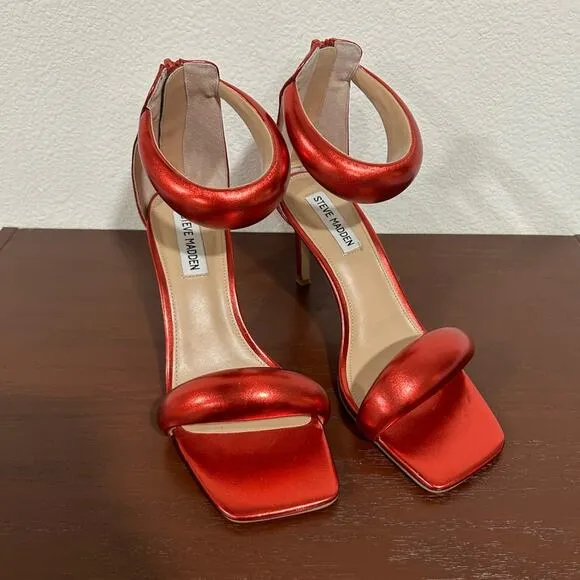 Steve Madden Partay Red Metallic Heels Square Toe Sandals Size 7.5