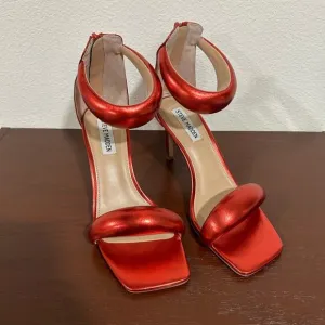 Steve Madden Partay Red Metallic Heels Square Toe Sandals Size 7.5
