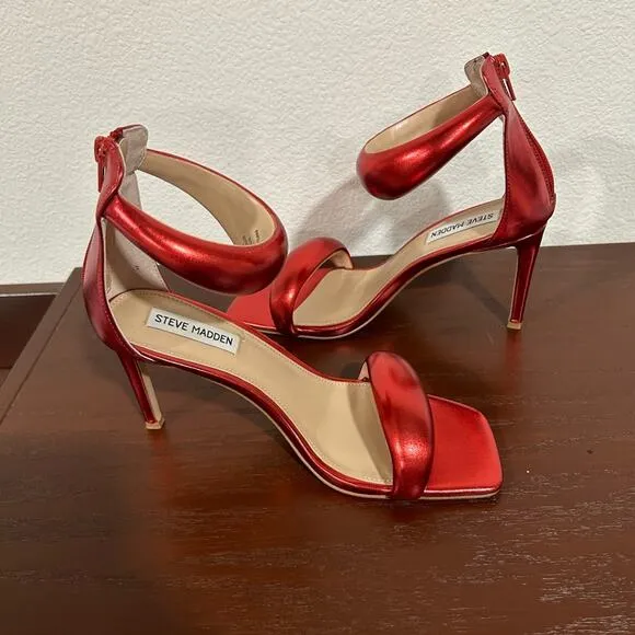Steve Madden Partay Red Metallic Heels Square Toe Sandals Size 7.5