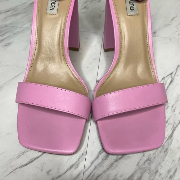 Steve Madden Tiaa Square Toe Pink Leather Block Heel Sandal 10M