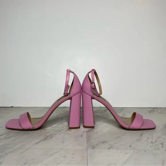 Steve Madden Tiaa Square Toe Pink Leather Block Heel Sandal 10M