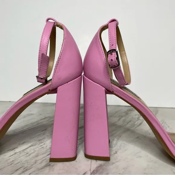 Steve Madden Tiaa Square Toe Pink Leather Block Heel Sandal 10M