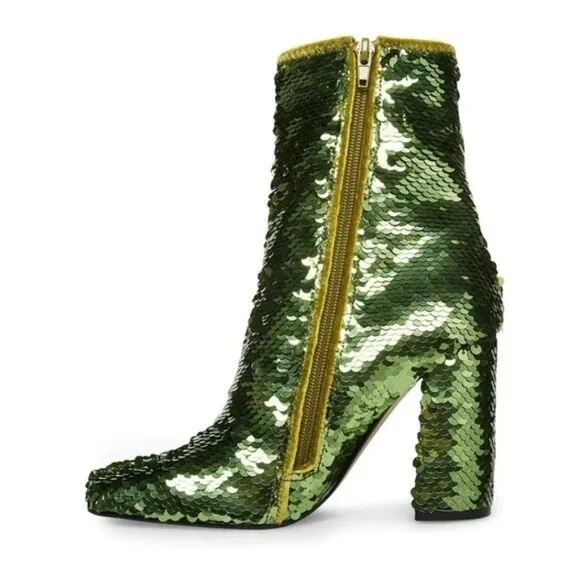 Steve Madden Womens 6.5M Lynden Green Sequin Ankle Boots Booties Shoes