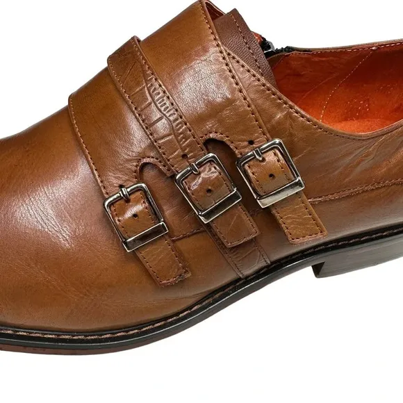 Steven Land Cognac Genuine Leather Slip-On Shoes With Triple Monk Straps Sz: 11M