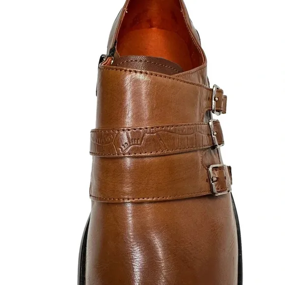 Steven Land Cognac Genuine Leather Slip-On Shoes With Triple Monk Straps Sz: 11M