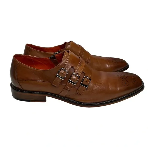 Steven Land Cognac Genuine Leather Slip-On Shoes With Triple Monk Straps Sz: 11M