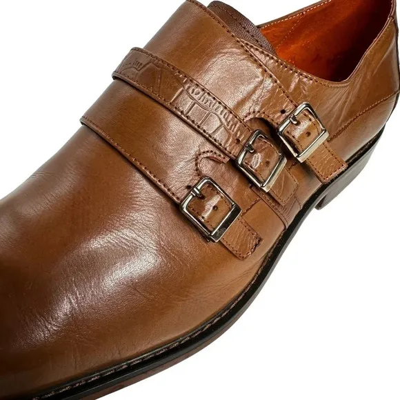 Steven Land Cognac Genuine Leather Slip-On Shoes With Triple Monk Straps Sz: 11M