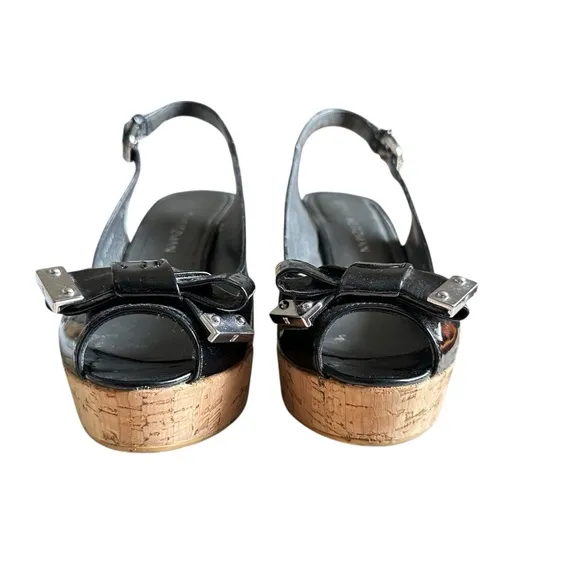 Stuart Weitzman Black Bodajean Bow Patent Leather Wedge Sandals Size 8.5