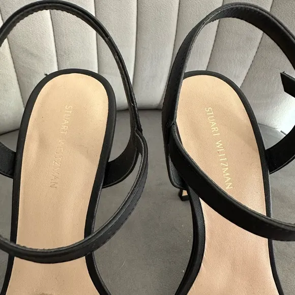 Stuart Weitzman Black Heeled Sandals with Scalloped Strap