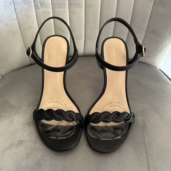 Stuart Weitzman Black Heeled Sandals with Scalloped Strap