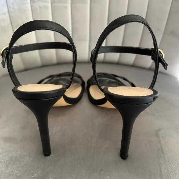 Stuart Weitzman Black Heeled Sandals with Scalloped Strap