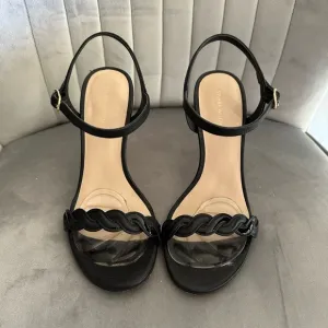 Stuart Weitzman Black Heeled Sandals with Scalloped Strap