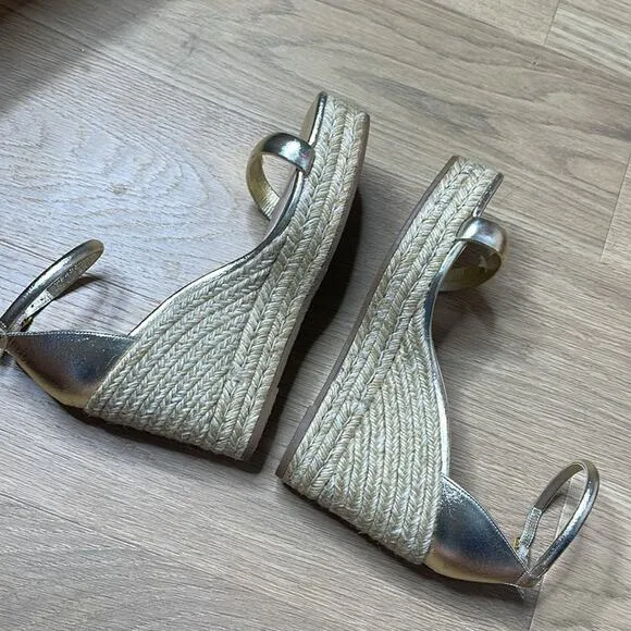 STUART WEITZMAN Gold Ankle Strap Square Toe Wedge Sandals Size 8.5