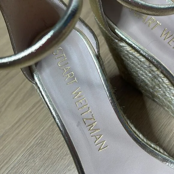 STUART WEITZMAN Gold Ankle Strap Square Toe Wedge Sandals Size 8.5