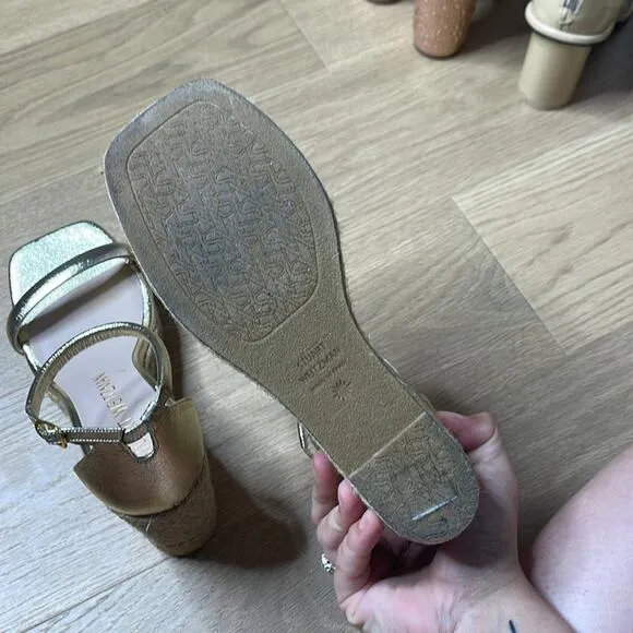 STUART WEITZMAN Gold Ankle Strap Square Toe Wedge Sandals Size 8.5