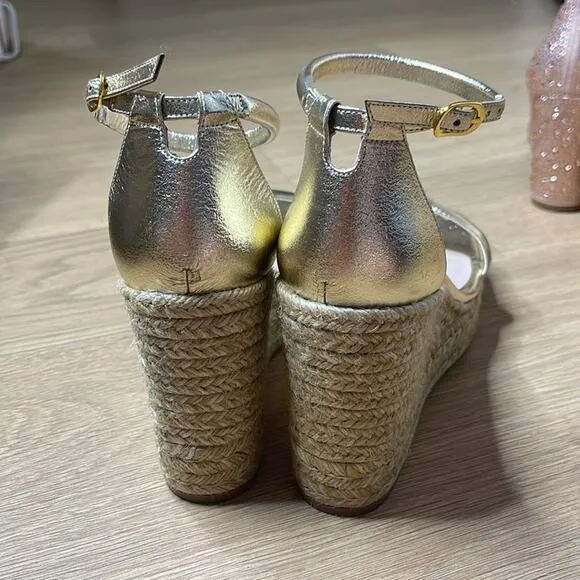 STUART WEITZMAN Gold Ankle Strap Square Toe Wedge Sandals Size 8.5