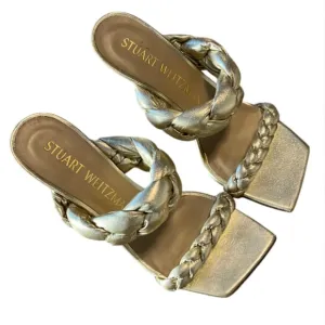 STUART WEITZMAN Gold Playa Squared Toe Slip On Leather Heeled Sandals- 8.5