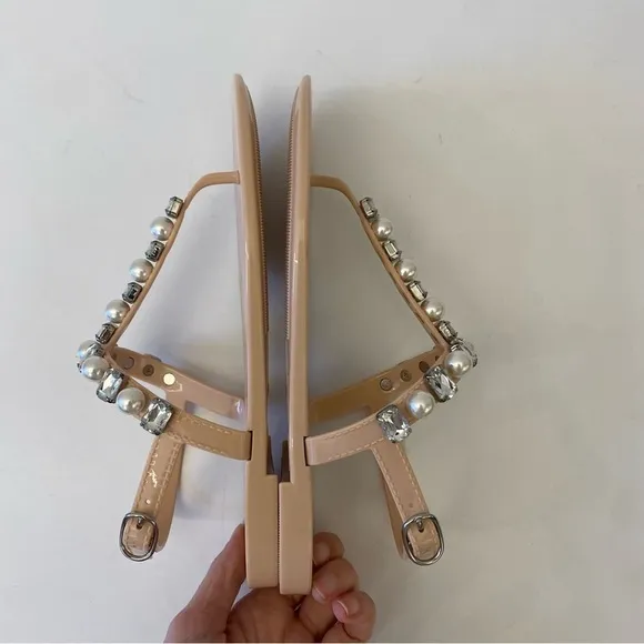 Stuart Weitzman || Goldie Pearl   Crystal Jelly Sandals Blush Pink 6