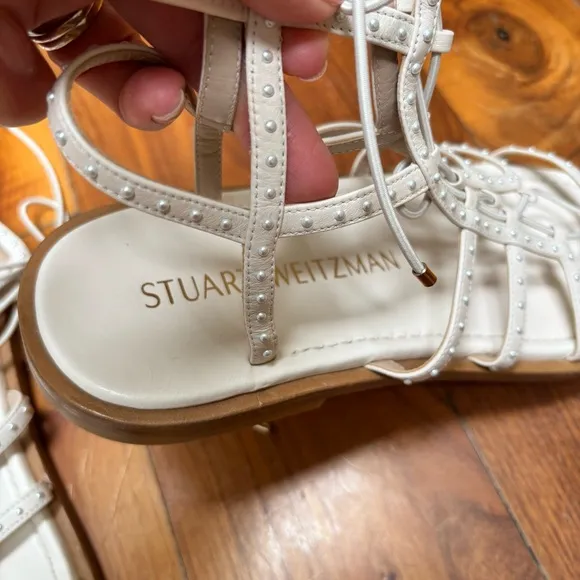 Stuart Weitzman Kora Lace Up Pearly Stud Gladiator Square Toe Sandals White 9.5