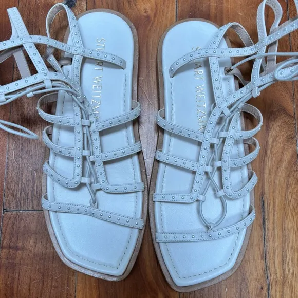 Stuart Weitzman Kora Lace Up Pearly Stud Gladiator Square Toe Sandals White 9.5
