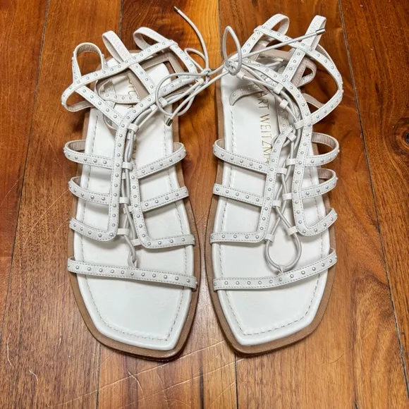 Stuart Weitzman Kora Lace Up Pearly Stud Gladiator Square Toe Sandals White 9.5
