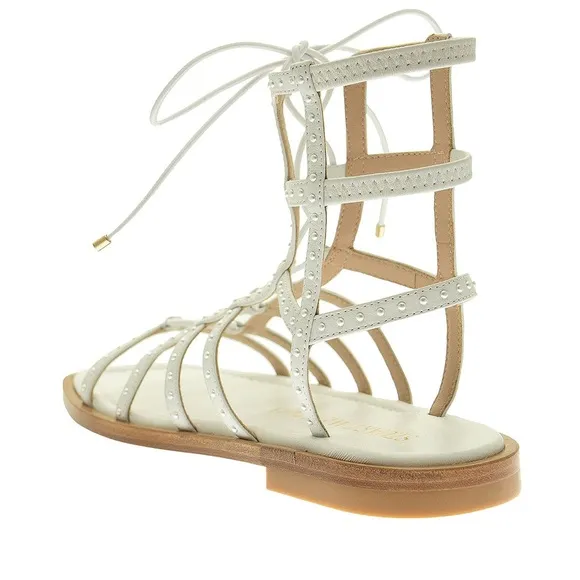 Stuart Weitzman Kora Lace Up Pearly Stud Gladiator Square Toe Sandals White 9.5