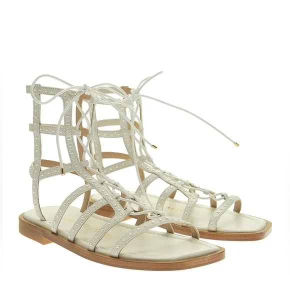 Stuart Weitzman Kora Lace Up Pearly Stud Gladiator Square Toe Sandals White 9.5