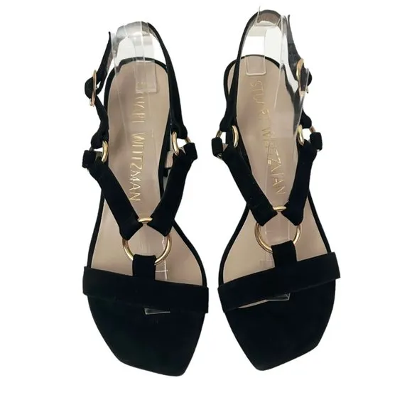 Stuart Weitzman Lalita Black Block Heeled Square Toe Sandals