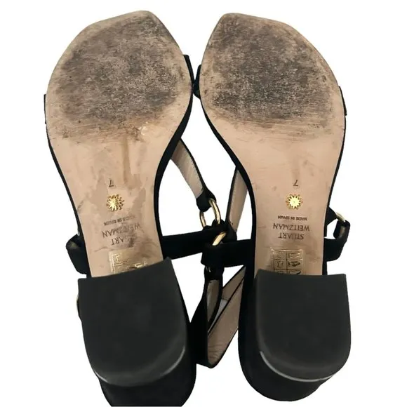 Stuart Weitzman Lalita Black Block Heeled Square Toe Sandals