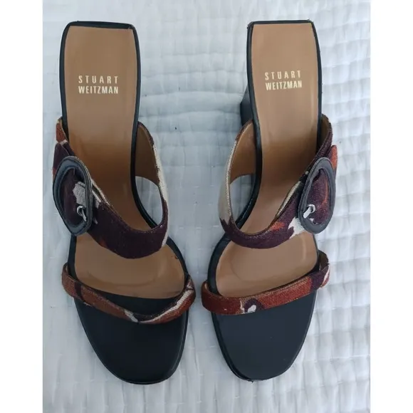 Stuart Weitzman Mule Wedge Open Toe Sandals Bucko Chocolate O'Keefe Linen 8.5 M