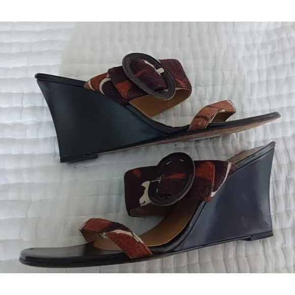 Stuart Weitzman Mule Wedge Open Toe Sandals Bucko Chocolate O'Keefe Linen 8.5 M