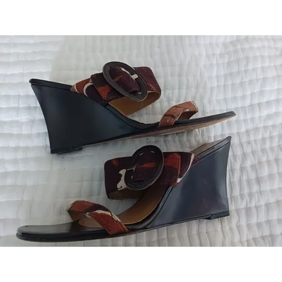 Stuart Weitzman Mule Wedge Open Toe Sandals Bucko Chocolate O'Keefe Linen 8.5 M