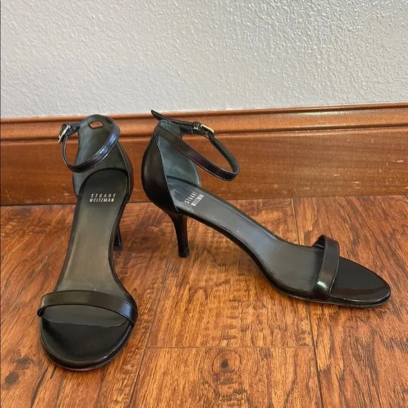 Stuart Weitzman Nudistcurve 75 Heel Sandal Sandal Strap Black Leather Sz 8.5